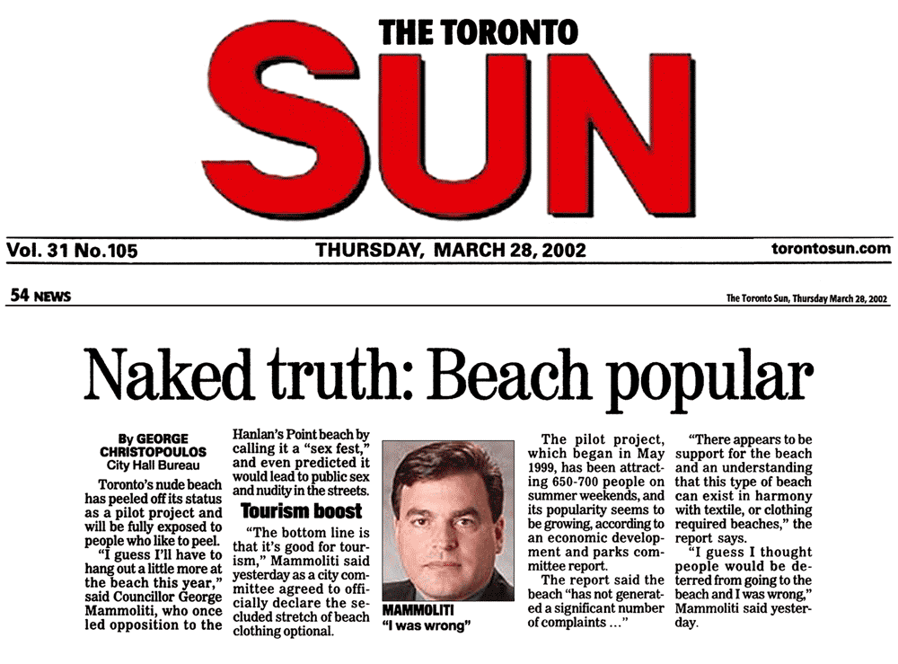 Toronto Sun 2002-03-28 - Committee approves making Hanlan's Point CO-zone permanent